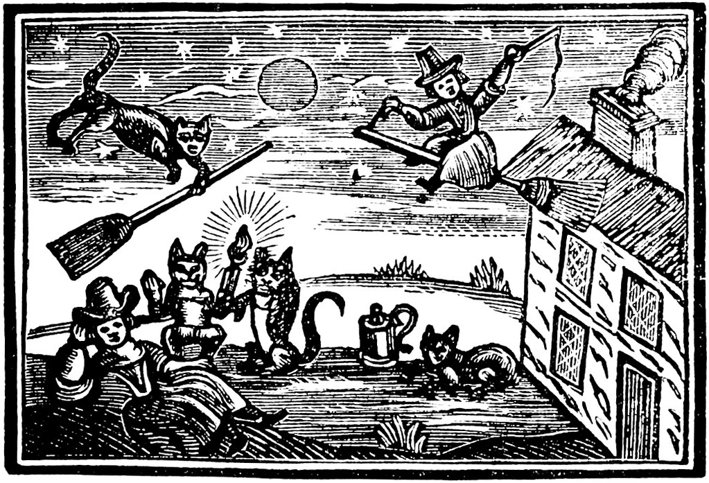 Book illustration of witches flying