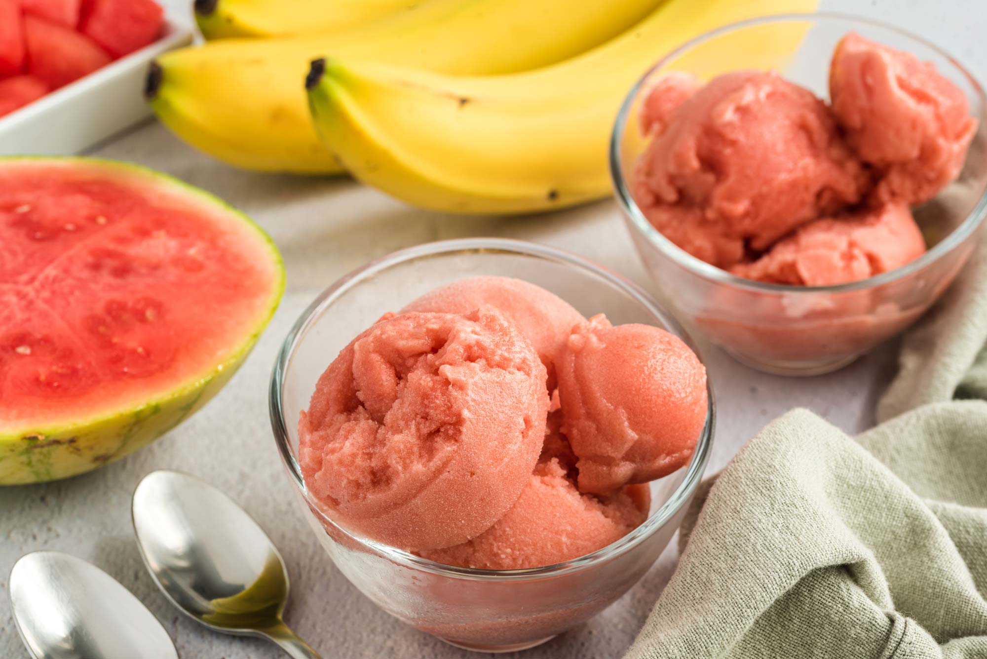 watermelon gelato in serving bowls