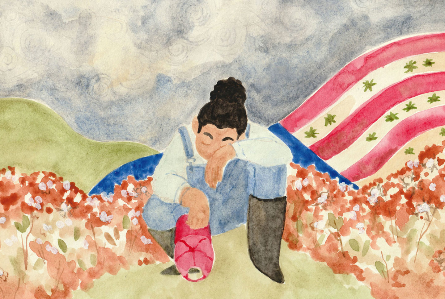 Illustration of black female farmer looking downcast