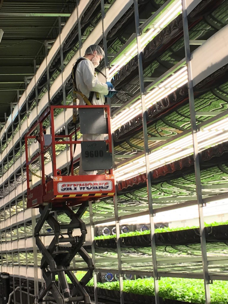 someone in cherry picker next to vertical farm