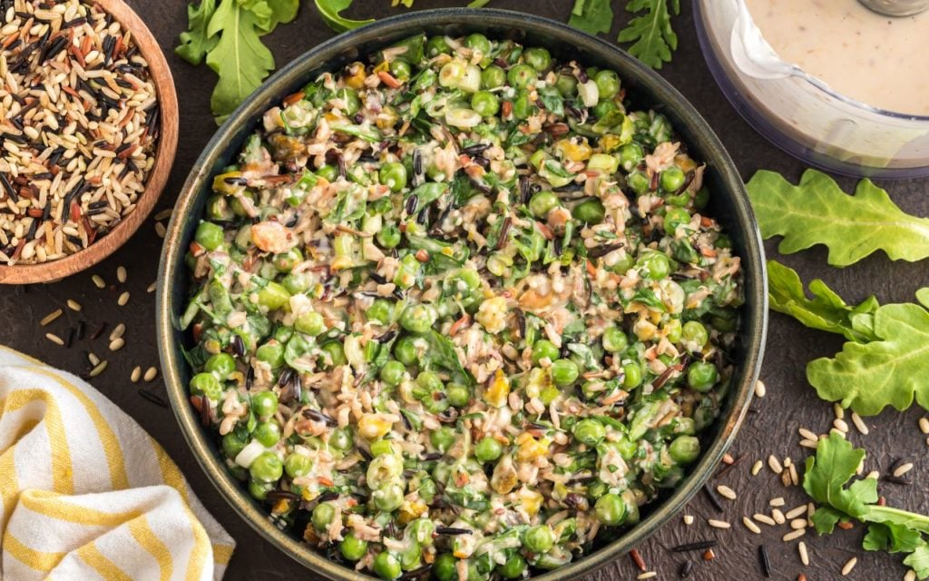 Bloomed Wild Rice with Sweet Peas, Arugula, and Pistachios