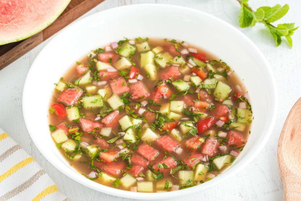 cooling watermelon gazpacho in a bowl