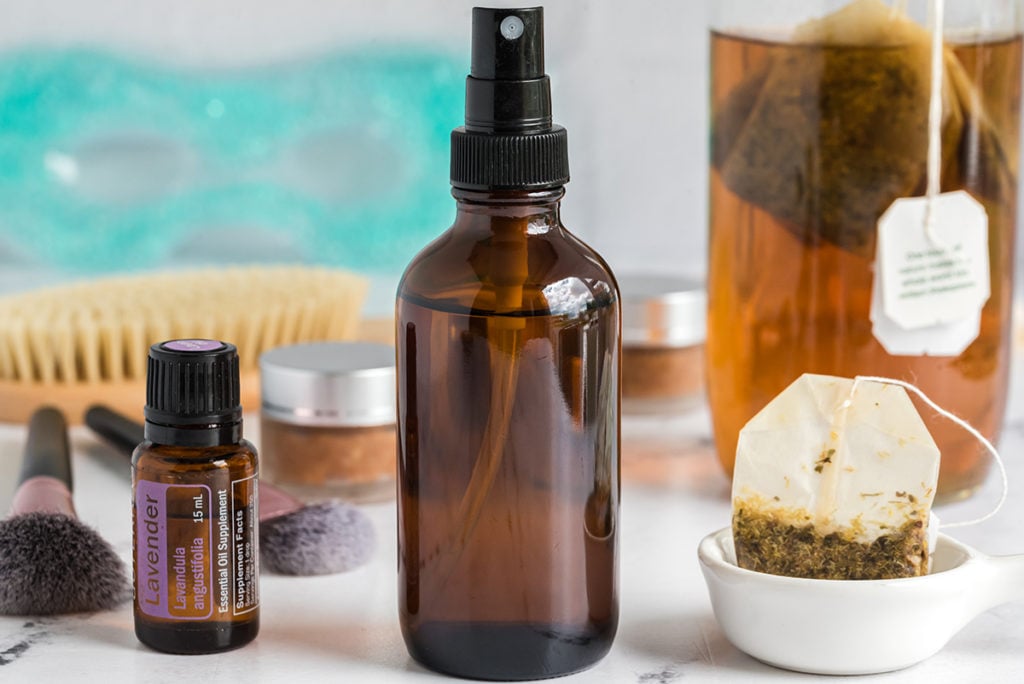 DIY calming facial mist with essential oil and tea