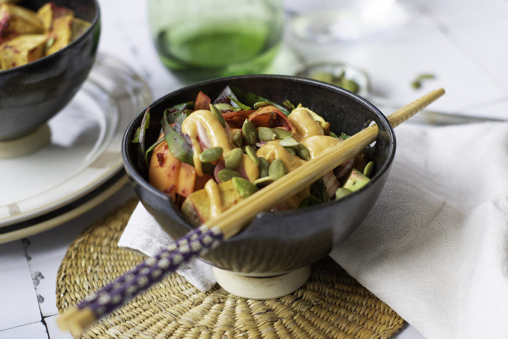 Kelp Salad with Baked Tempeh and Kimchi Miso Dressing