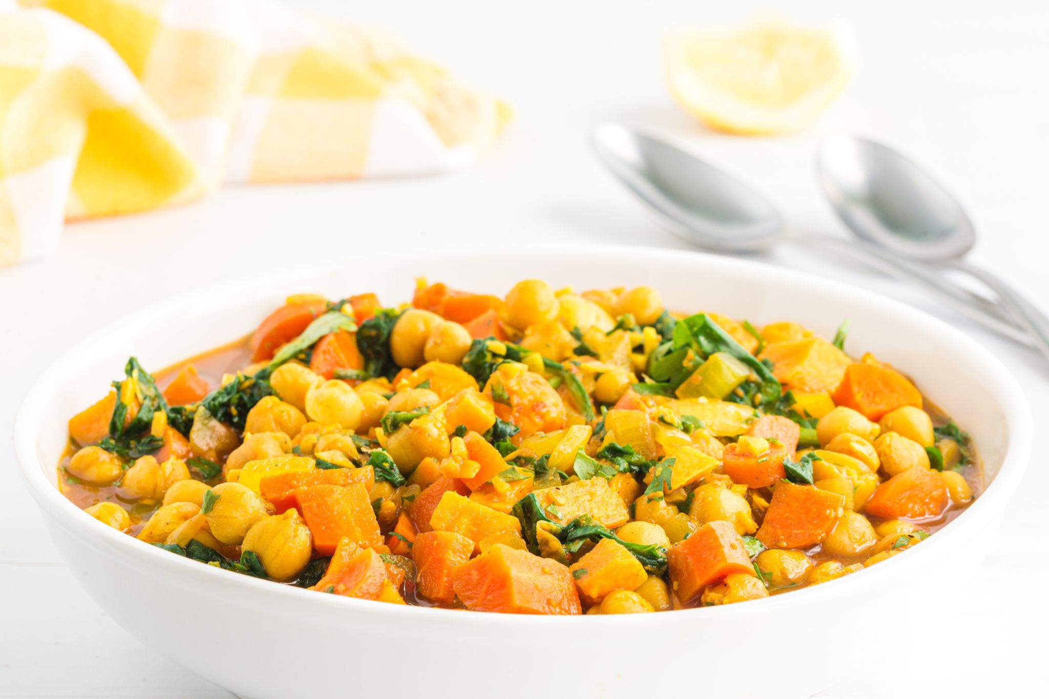 Moroccan Spiced Sweet Potato, Chickpea, and Spinach Stew