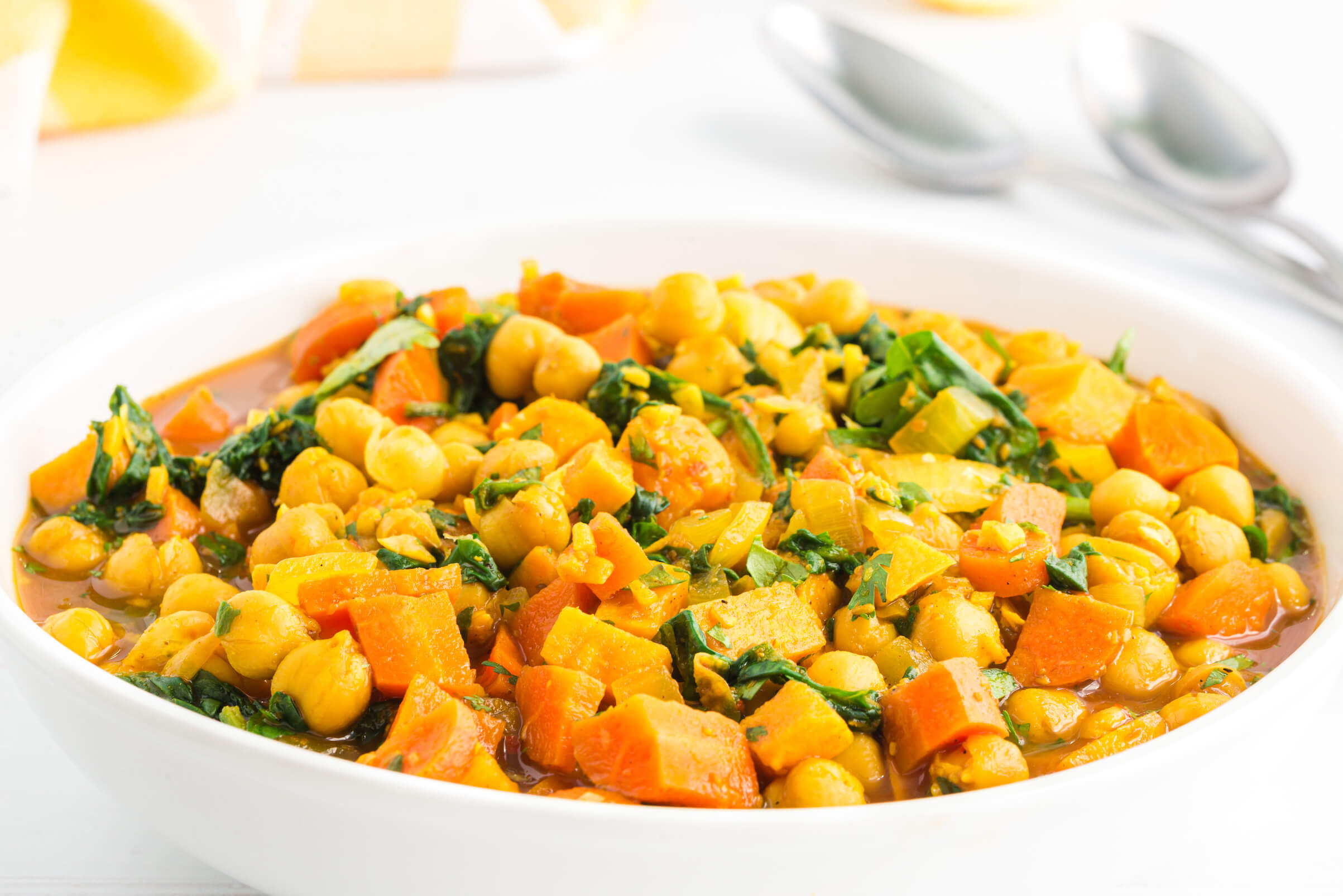 Moroccan Spiced Sweet Potato, Chickpea, and Spinach Stew