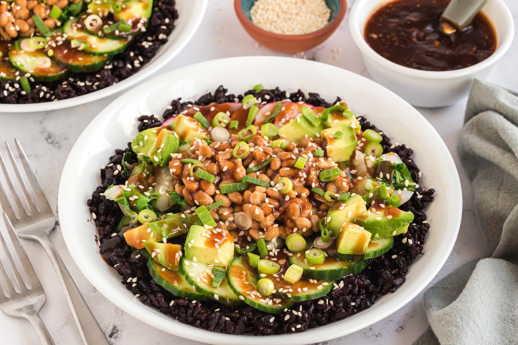 natto black rice bowl with veggies
