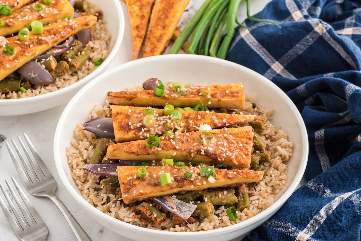 One Sheet Spicy Almond Tofu and Green Beans