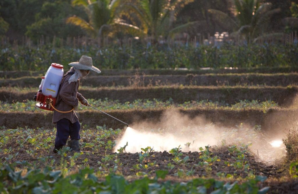 Hispanic man spraying a field with pesticides