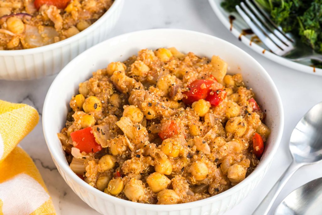 warmly spiced quinoa chickpea stew in bowl