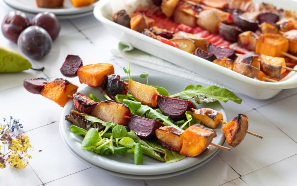 Roasted Autumn Fruit and Veggie Skewers