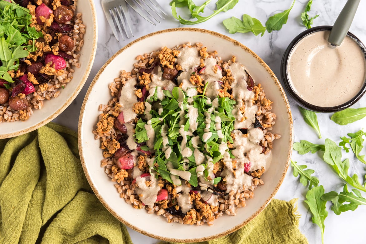 Roasted Grape, Grain, and Tempeh Sausage Bowl