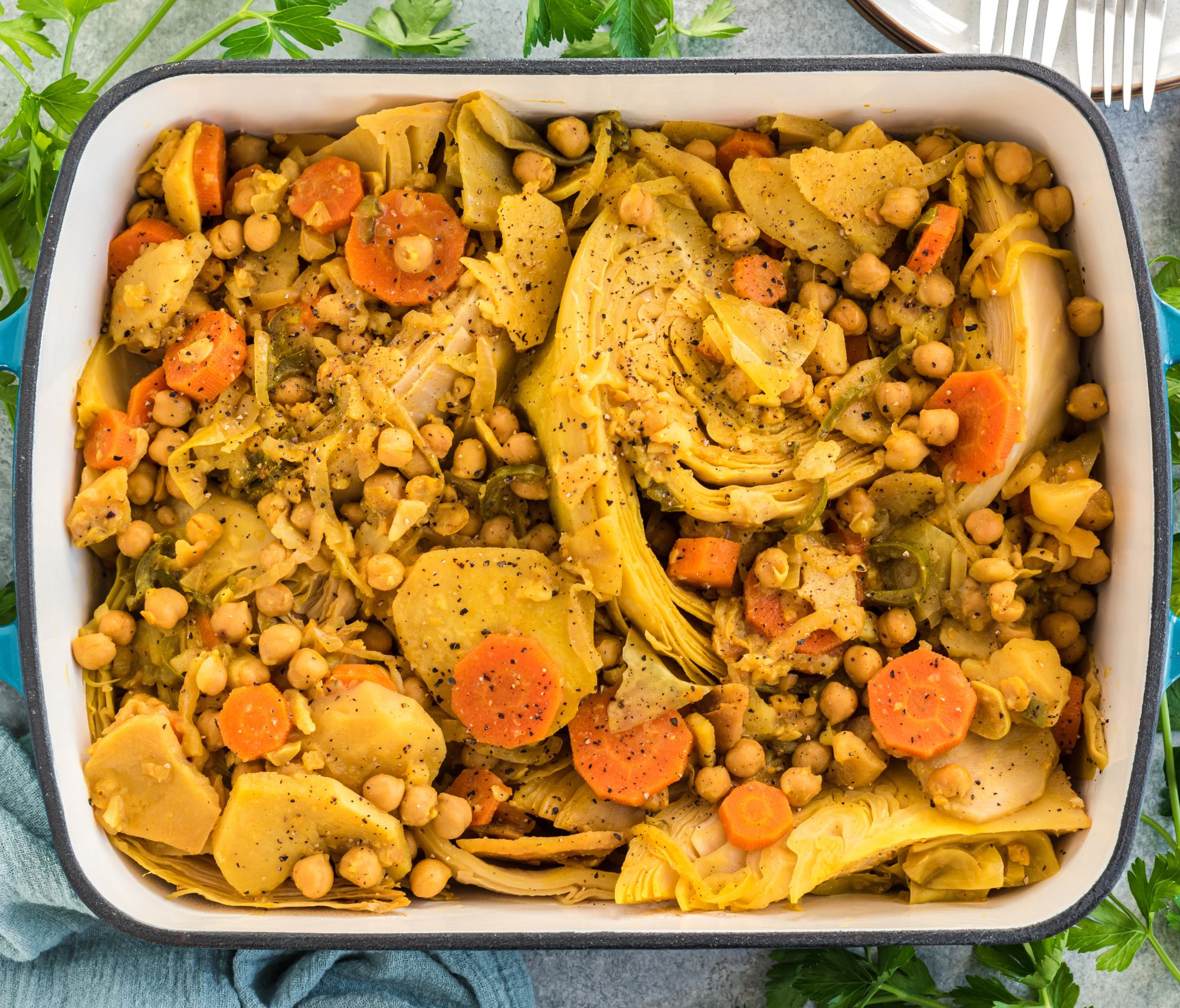 Slow Cooker Alicha Denich (Cabbage and Potatoes) in a baking dish