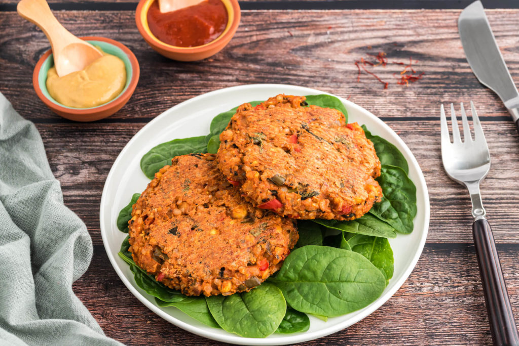 Spanish Paella Burger with Chickpeas and Spinach