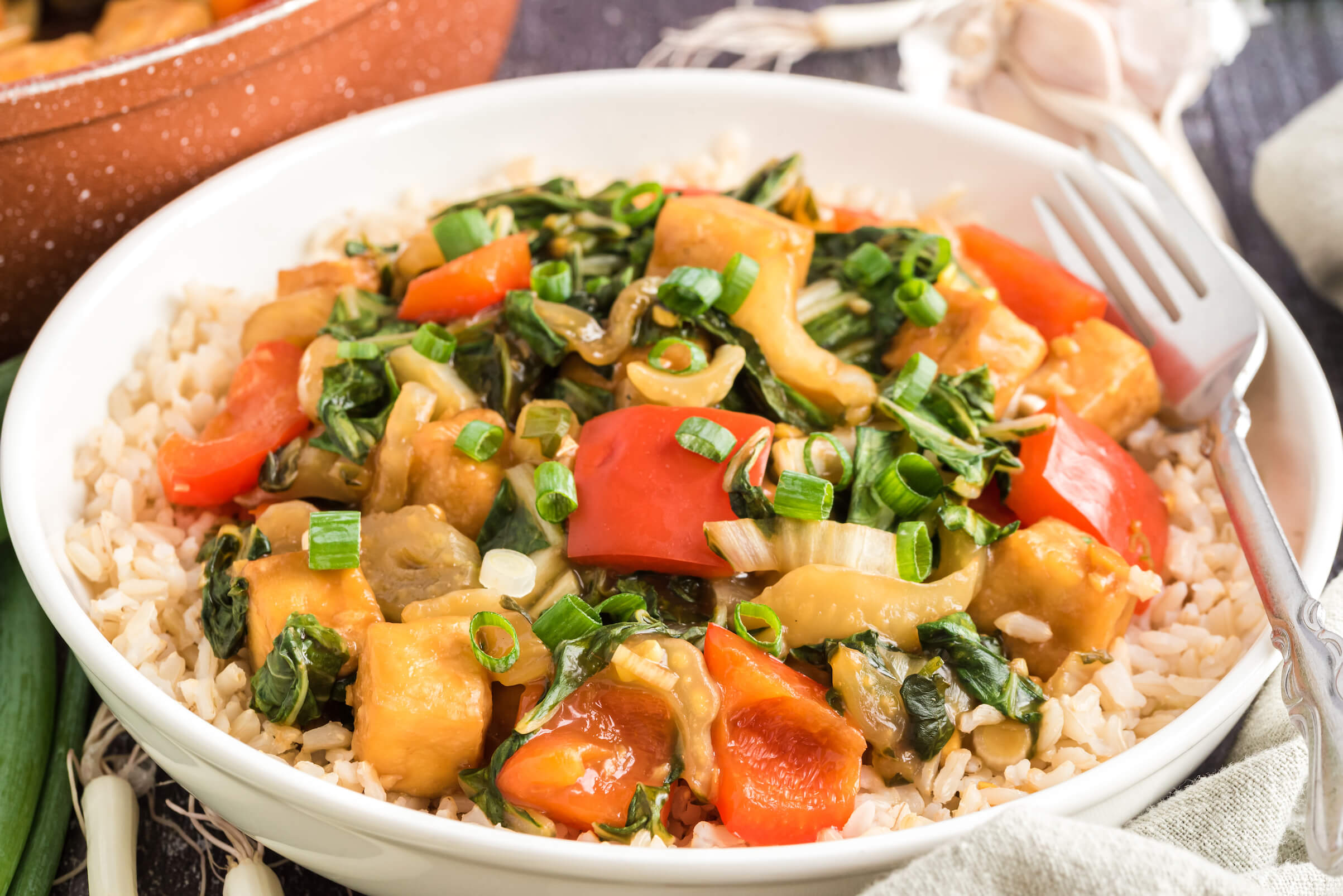 Sticky Tofu with Bok Choy and Red Pepper