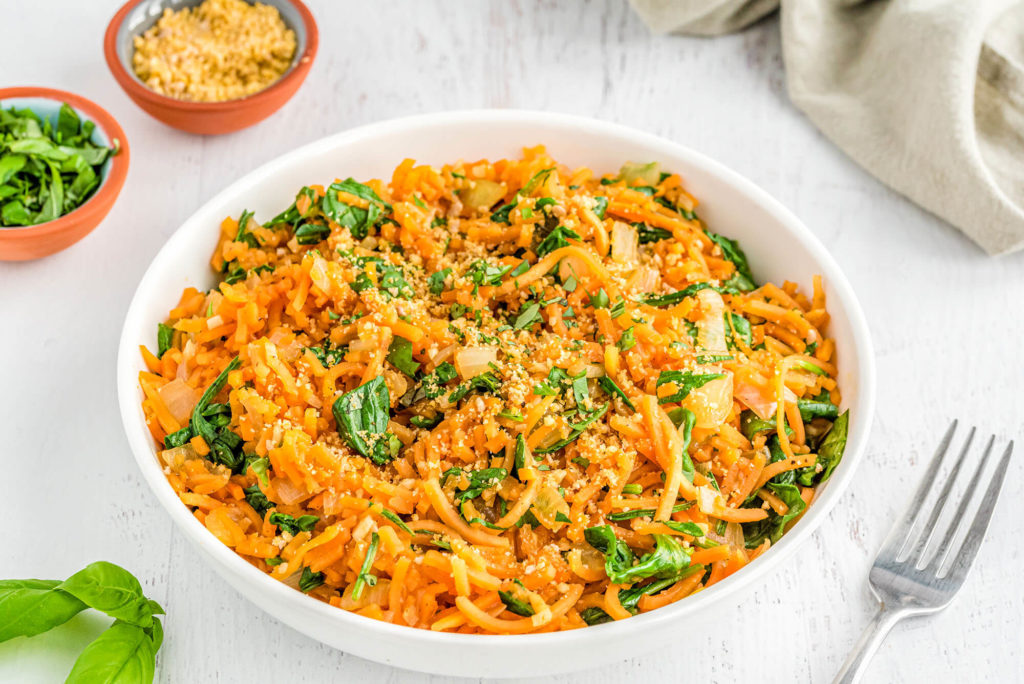 Garlicky Sweet Potato Noodles with Spinach