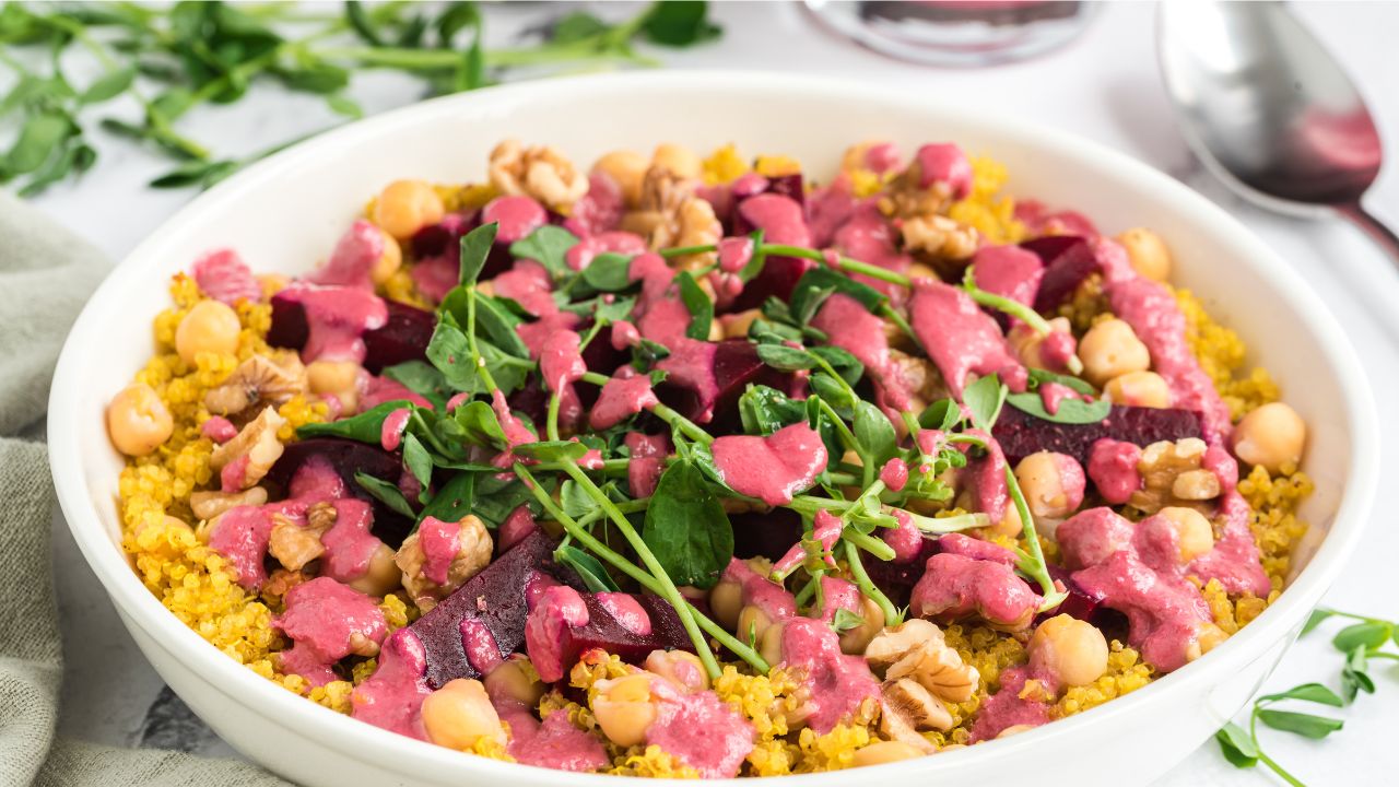 Turmeric Freekeh Breakfast Bowl with Chickpeas and Beets