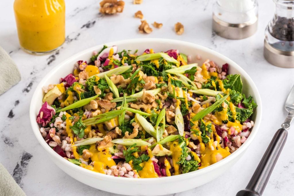 warm einkorn salad with winter vegetables