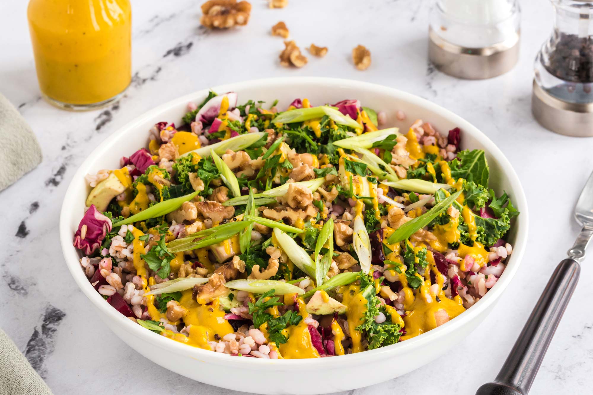 warm einkorn salad with winter vegetables