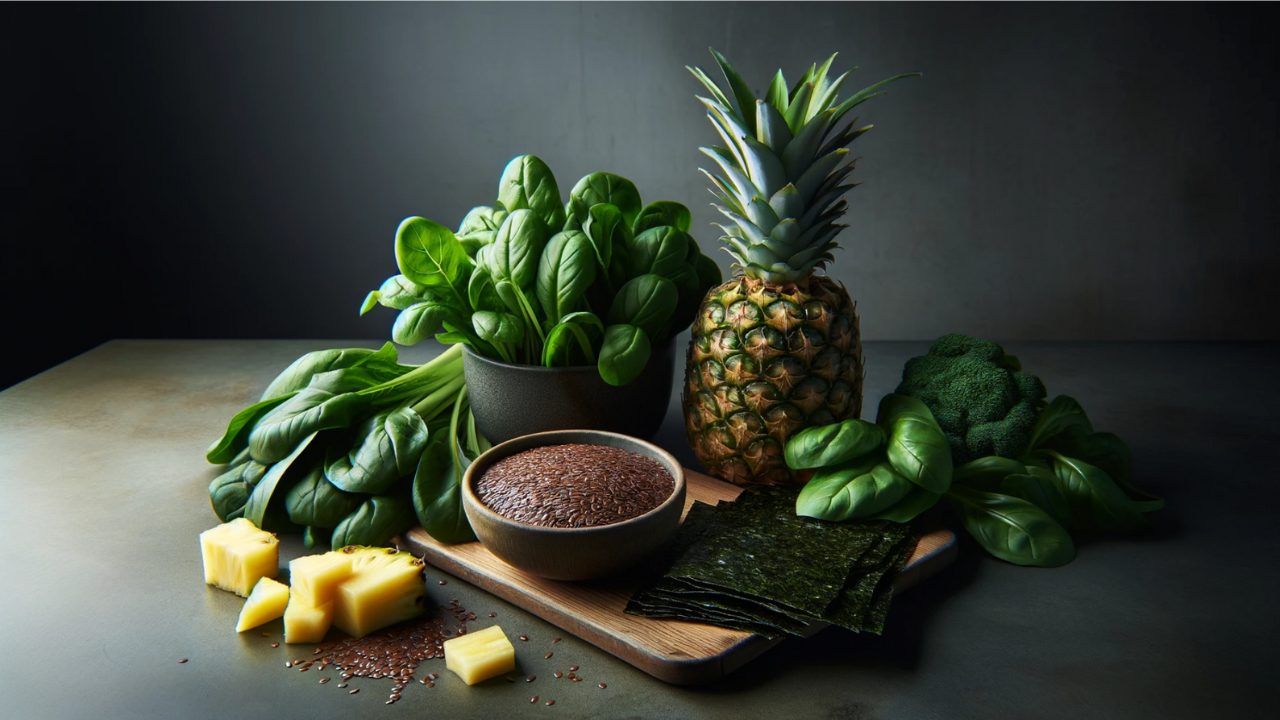 Spinach, pineapple, flaxseeds, and seaweed on a table