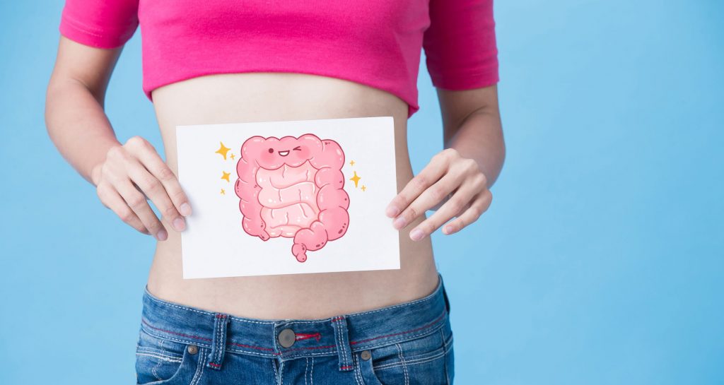 woman holding graphic of happy intestines in front of stomach
