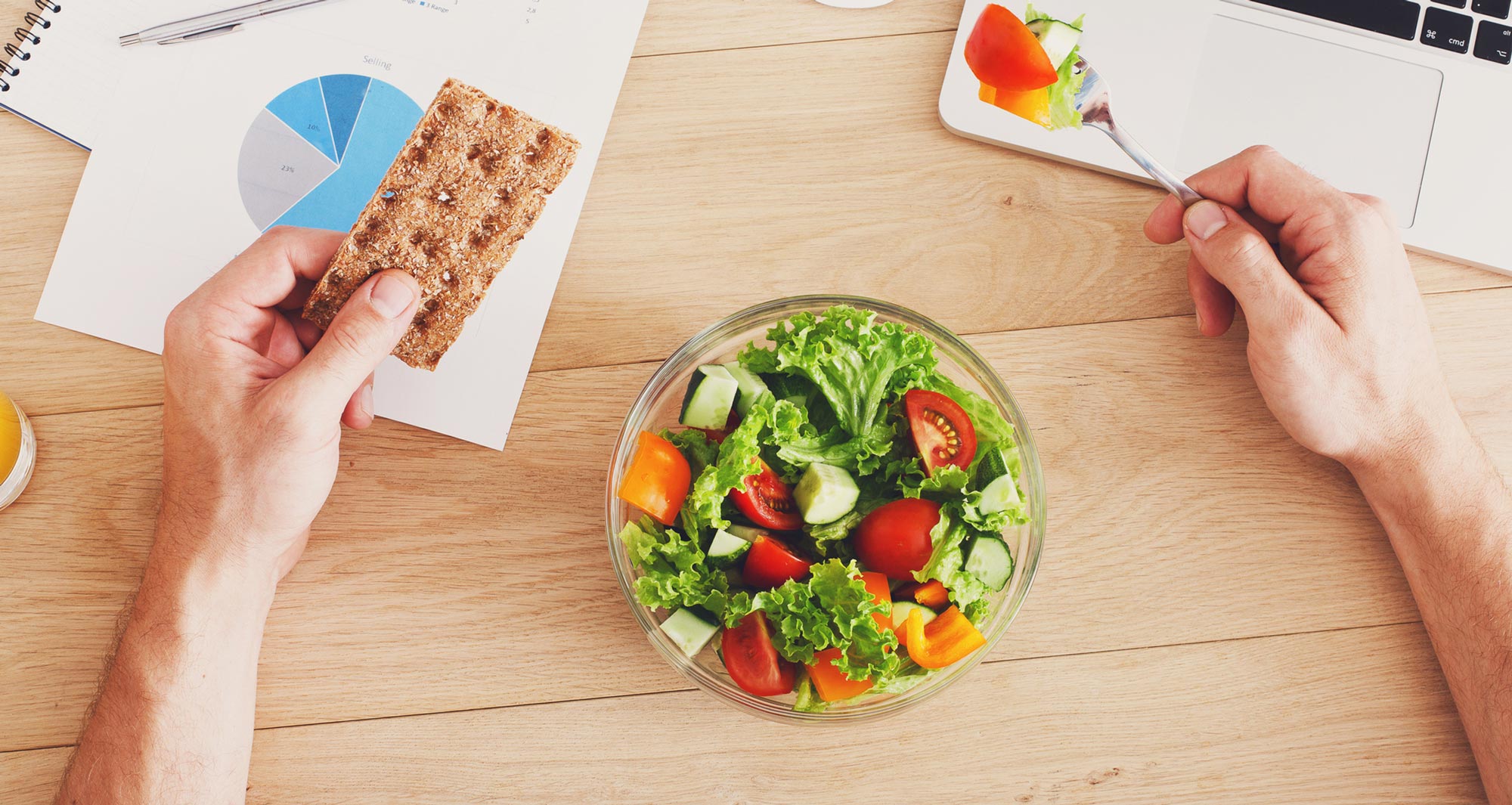 bowl of salad at a workstation