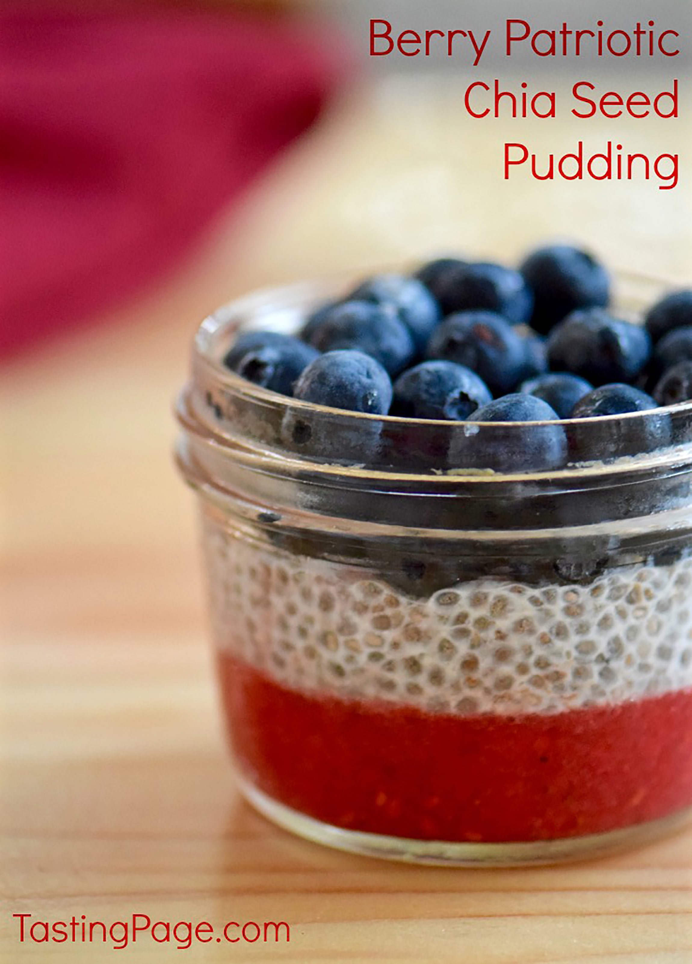 berry patriotic chia seed pudding in glass jar