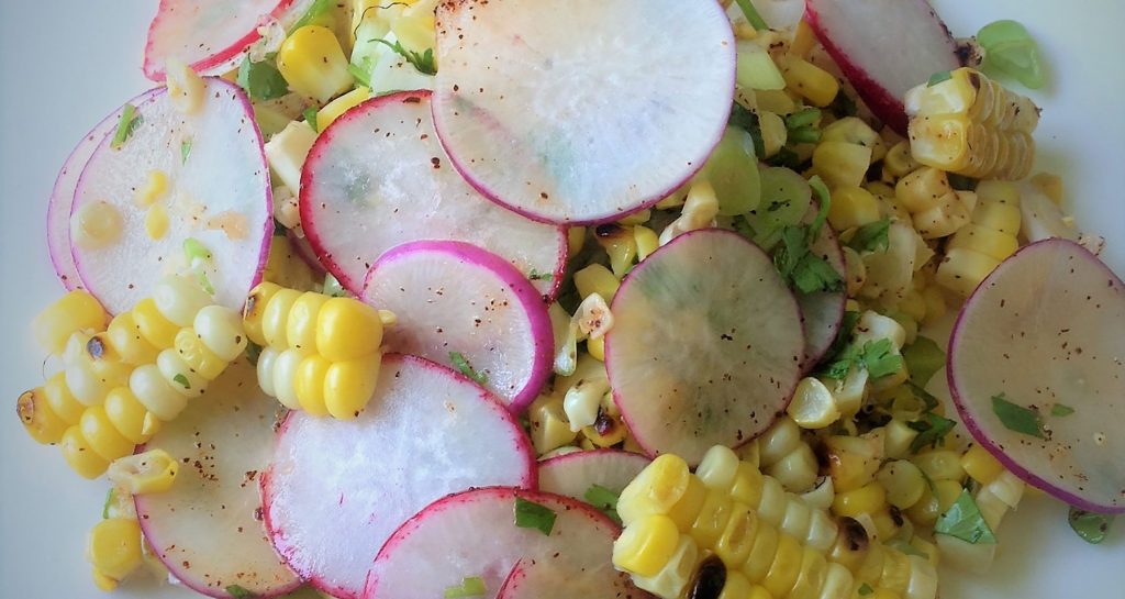 grilled corn and radish salad closeup