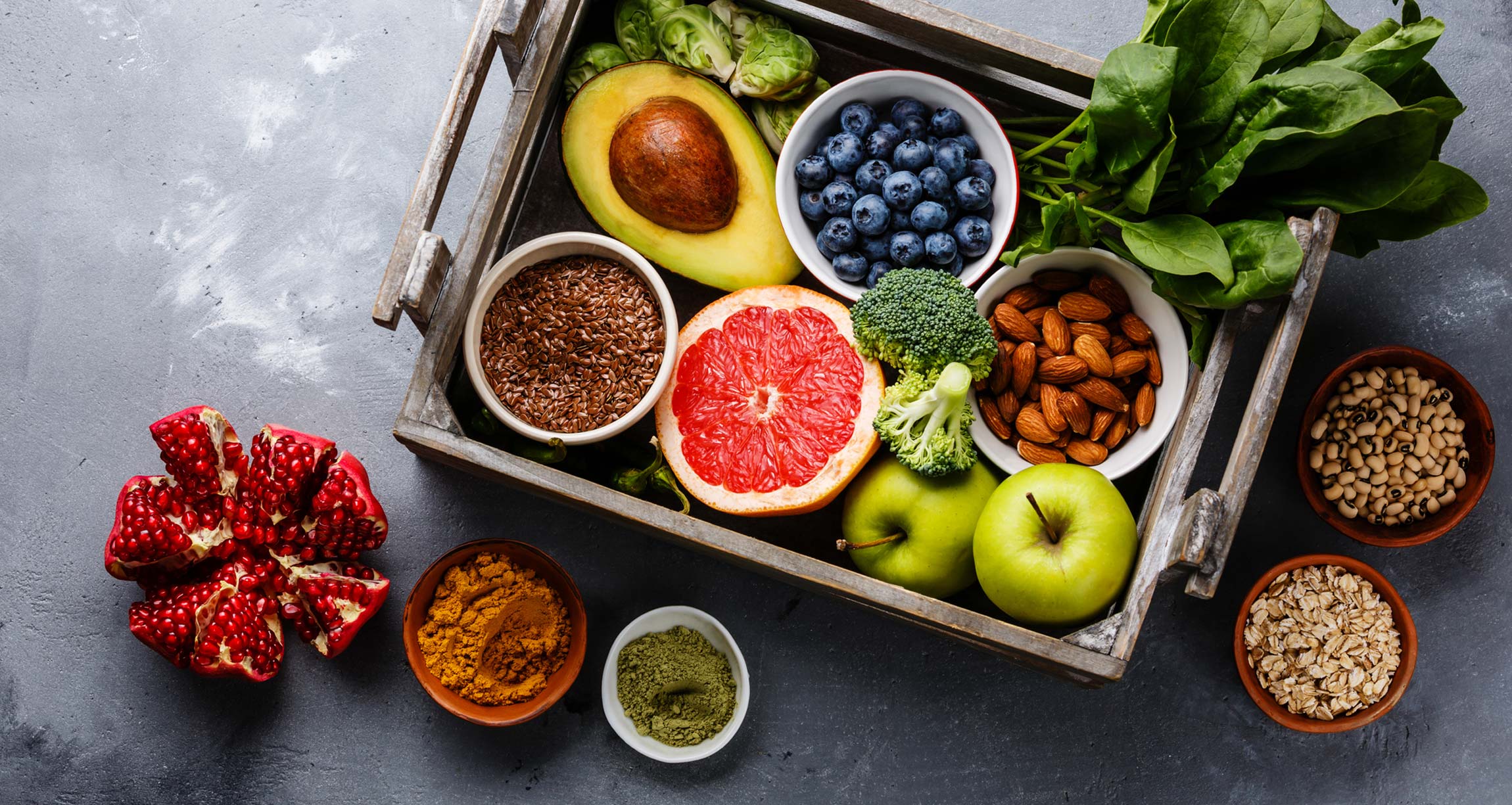 tray of assorted fruits, vegetables, and grains