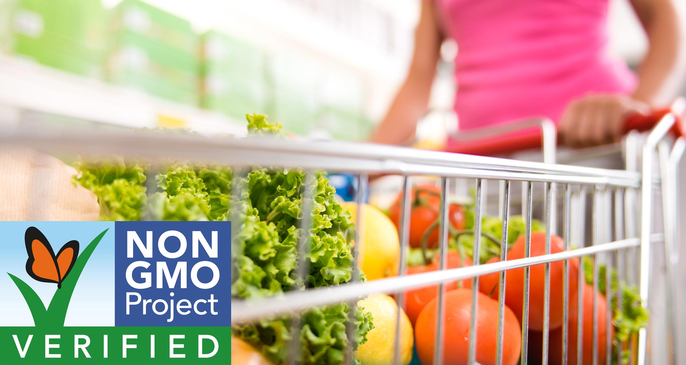 non-GMO Project Verified logo on top of shopping cart of vegetables