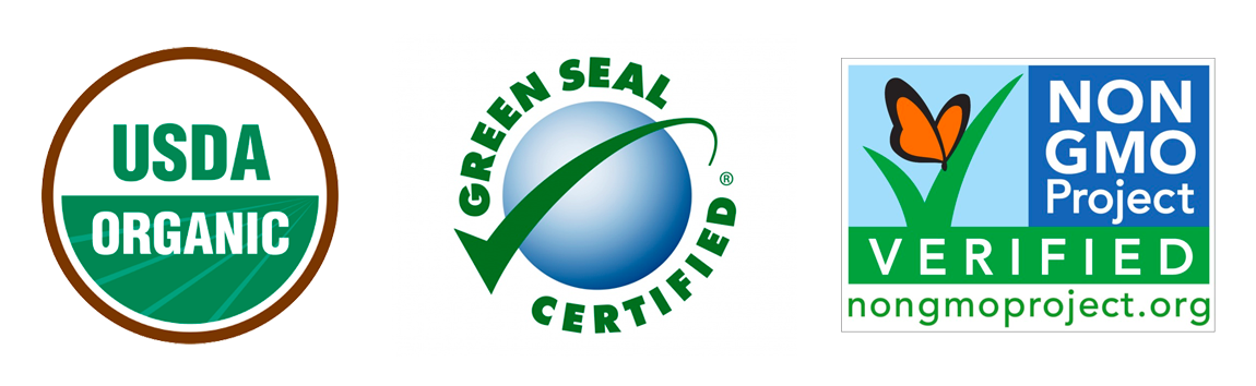 Logos for USDA Organic, Green Seal Certified, Non GMO Project