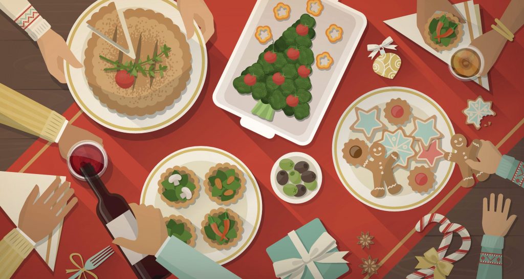 illustrated plant-based christmas table spread