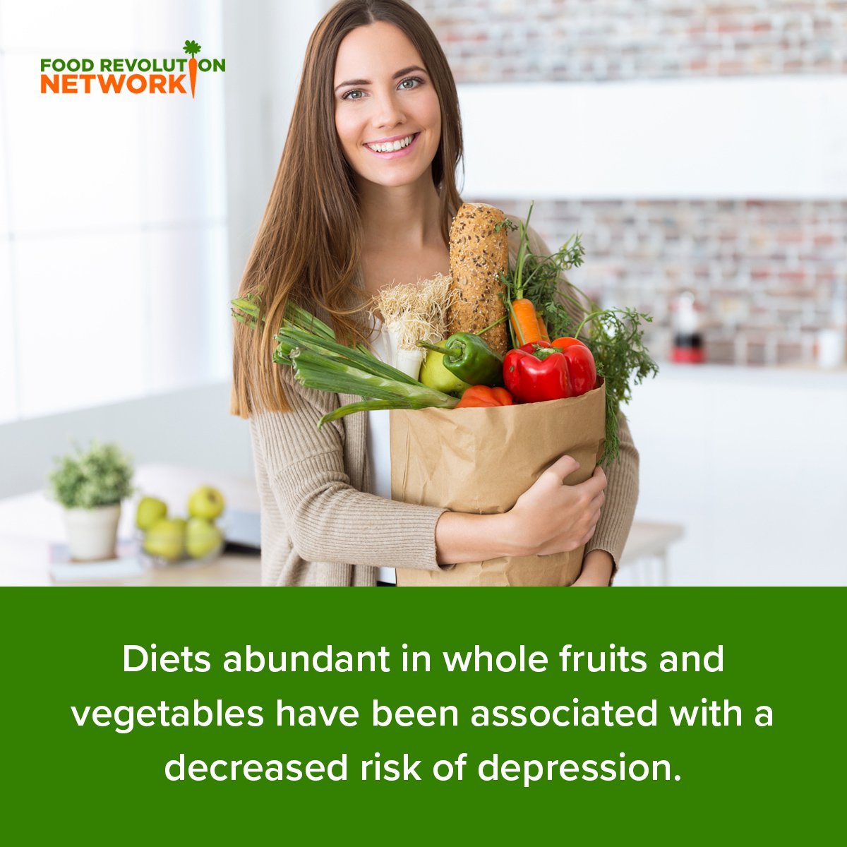 Diets abundant in whole fruits and vegetables have been associated with a decreased risk of depression.