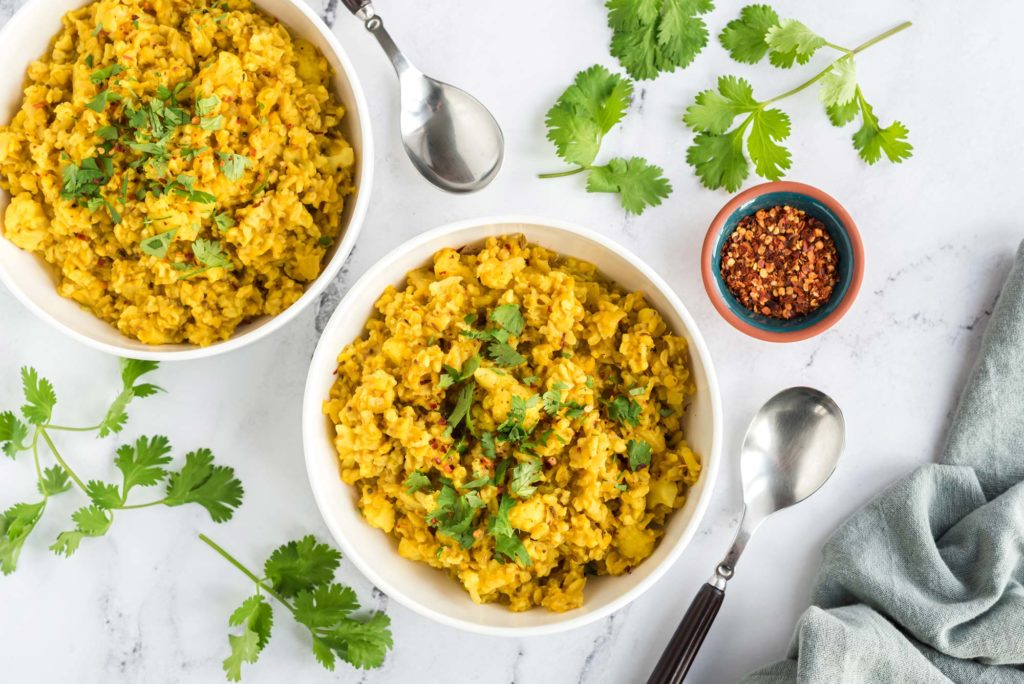 breakfast cauliflower lentil kitchari in bowls