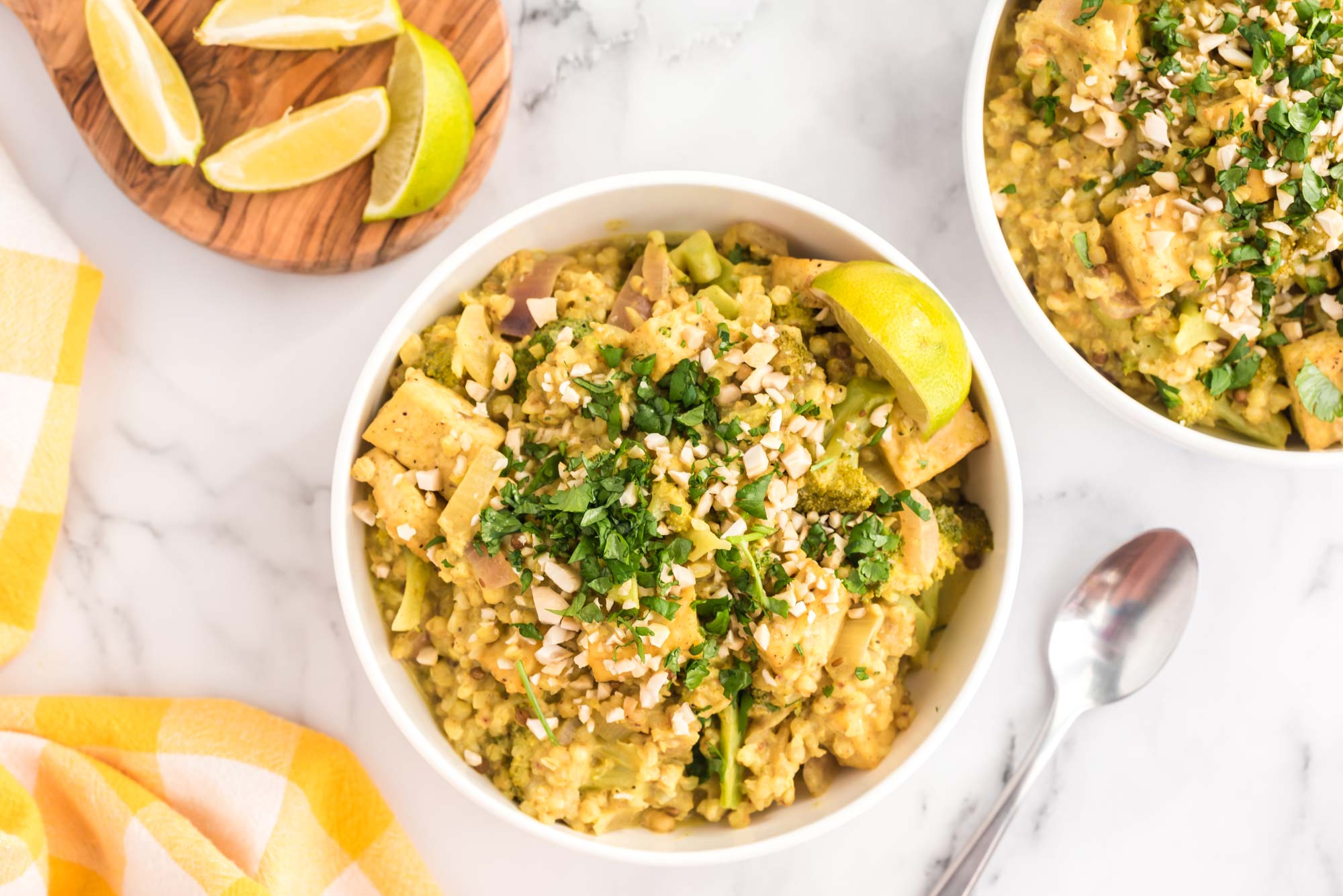 buckwheat tofu and broccoli curry in bowl