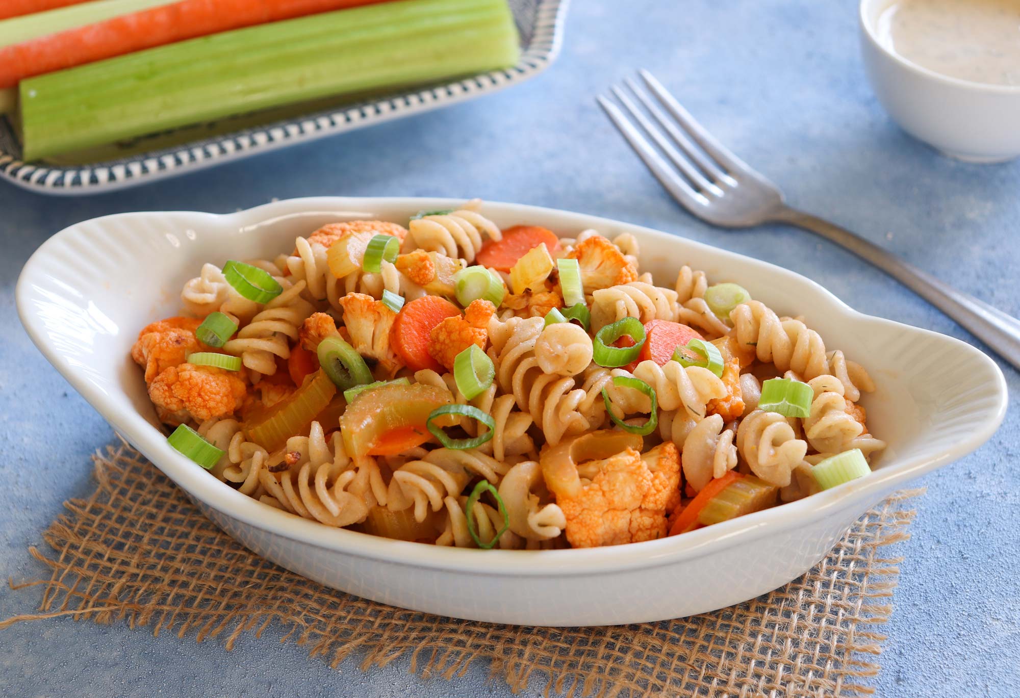 buffalo pasta salad in dish