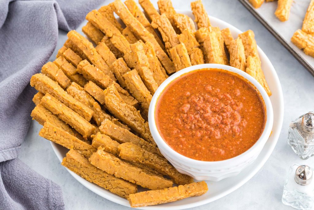 chickpea fries with spicy romesco sauce