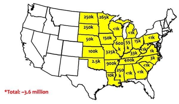 map of damaged soybean acreage from dicamba