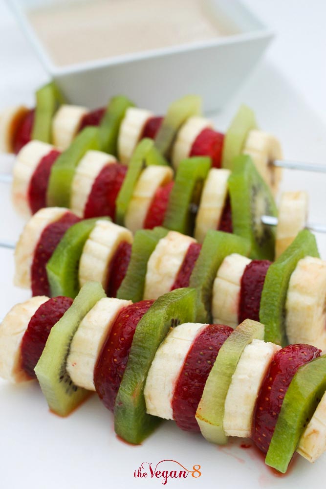 fruit salad kabobs with bananas, strawberries, and kiwis