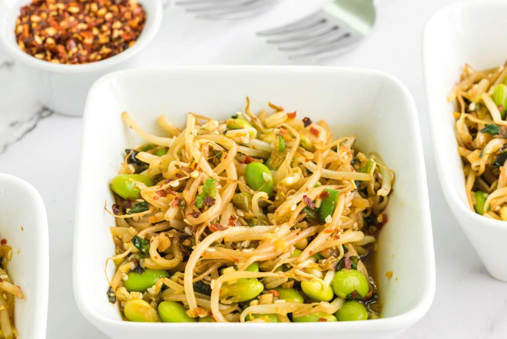 garlicky mung bean sprouts in bowls