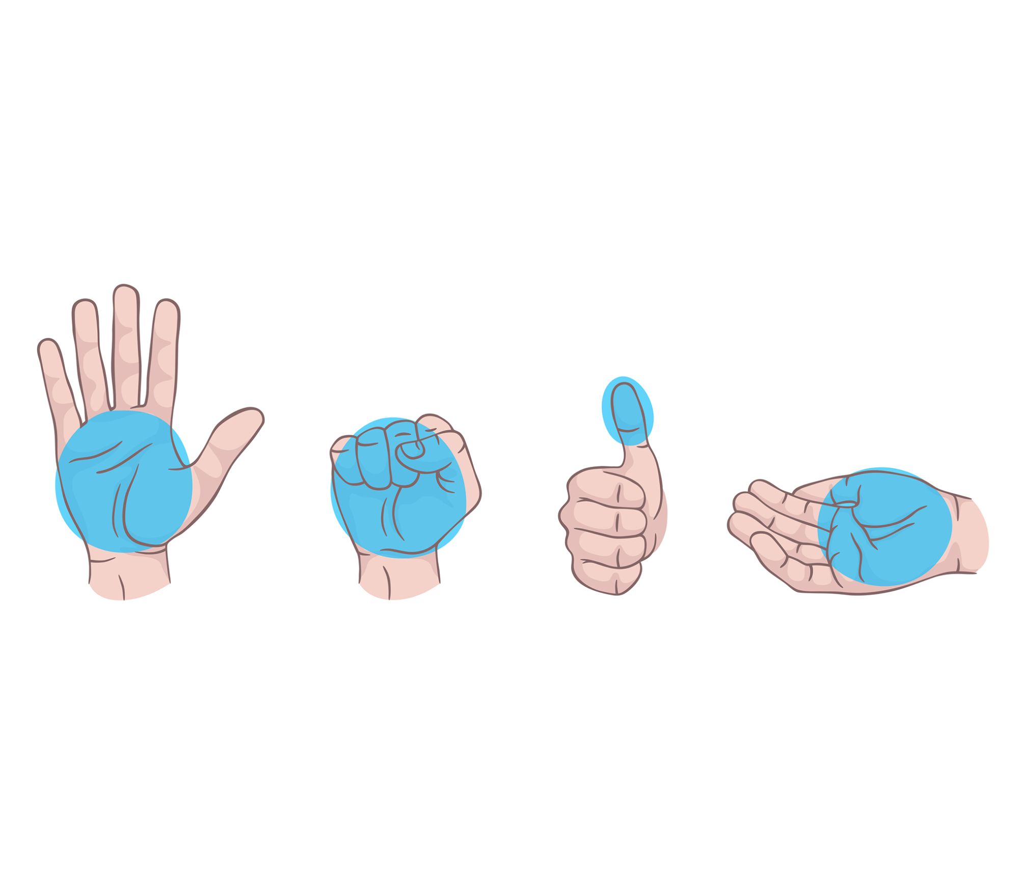 Hand gestures set isolated. Palm, fist, thumb up, cupped hand. Portions of food. Infographic. Modern beautiful style. Realistic. Flat style vector illustration. Signs and icons. Different positions. stock illustration