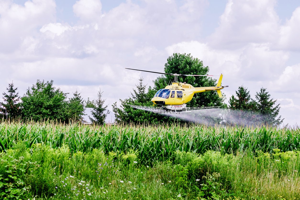 In Saint-Hugues, Quebec, Canada, spraying cornfields during the summer. Parasite control in the fields.