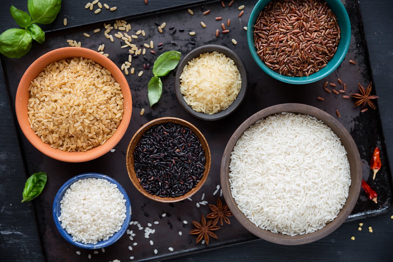 Variety of rice types in different bowls