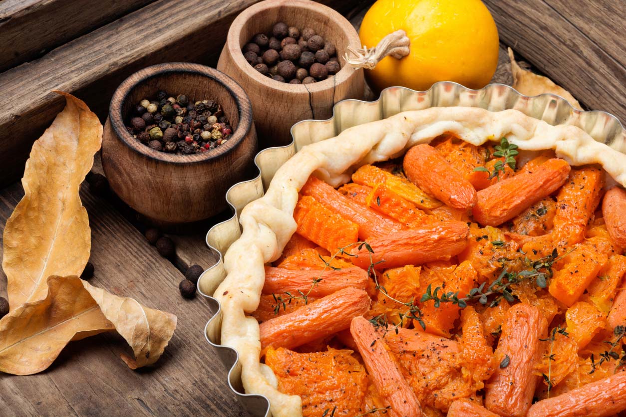 Healthy pie recipes include this carrot and pumpkin pie