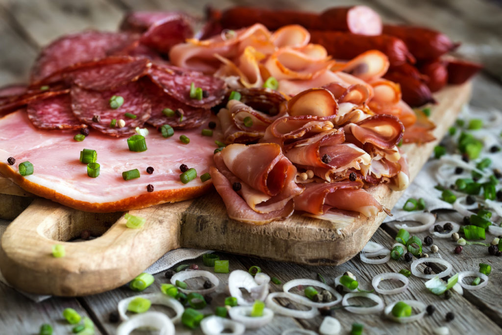 Processed meats: salami, ham, smoked turkey, sausages and prosciutto