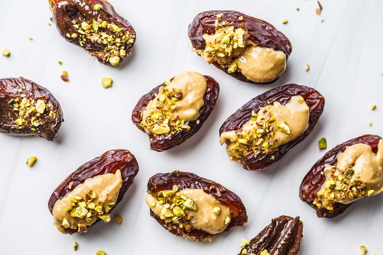 dates stuffed with peanut butter and pistachios