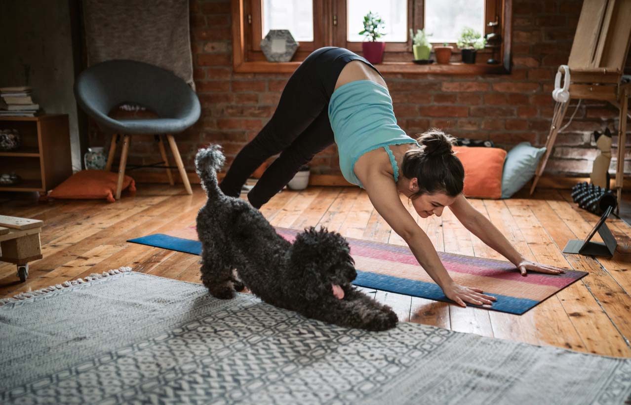 woman doing yoga with dog