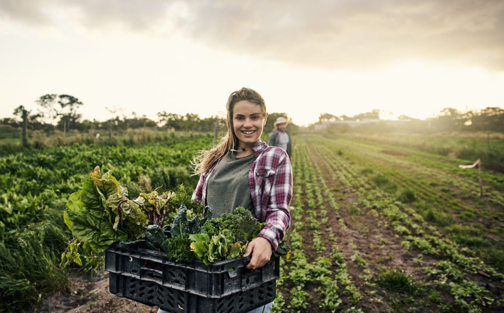 Shot of a young female WWOOFer holding a crate of freshly picked produce on a farm