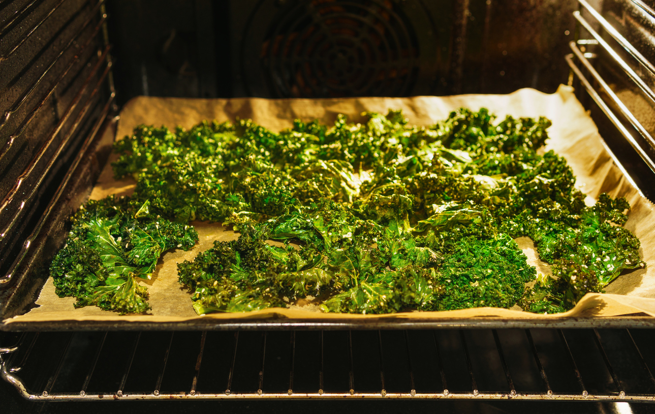 Prepared kale chips in the oven