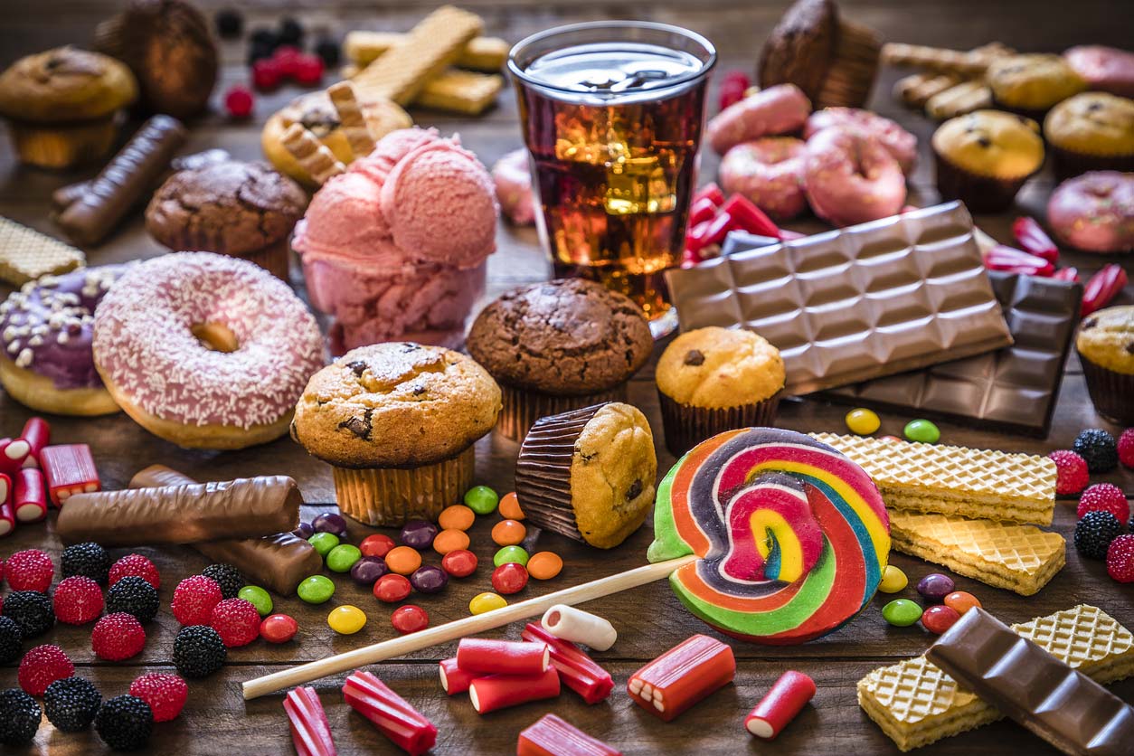 variety of unhealthy sugary foods